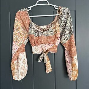 Altar'd State Multicolor Patchwork Tie-Back Cropped Blouse
